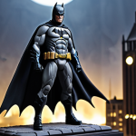 **Batman Figure**:
   "Create a highly detailed figure of Batman, showcasing his iconic dark cape and bat symbol. The figure should have a mysterious aura, with a strong and determined expression, set against a Gotham City backdrop."