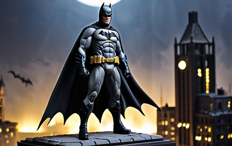 **Batman Figure**:
"Create a highly detailed figure of Batman, showcasing his iconic dark cape and bat symbol. The figure should have a mysterious aura, with a strong and determined expression, set against a Gotham City backdrop."