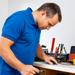 A focused RC enthusiast, fully clothed in a modest, professional polo shirt, meticulously connecting a balance lead to a modern smart charger. The scene is a well-lit, organized workbench in a dedicated hobby room, with various RC tools and safely stored LiPo batteries visible in the background. Professional photography, high detail, perfect anatomy, correct proportions, natural pose, well-formed hands, proper finger count, safe for work, appropriate content, fully clothed, modest, family-friendly.