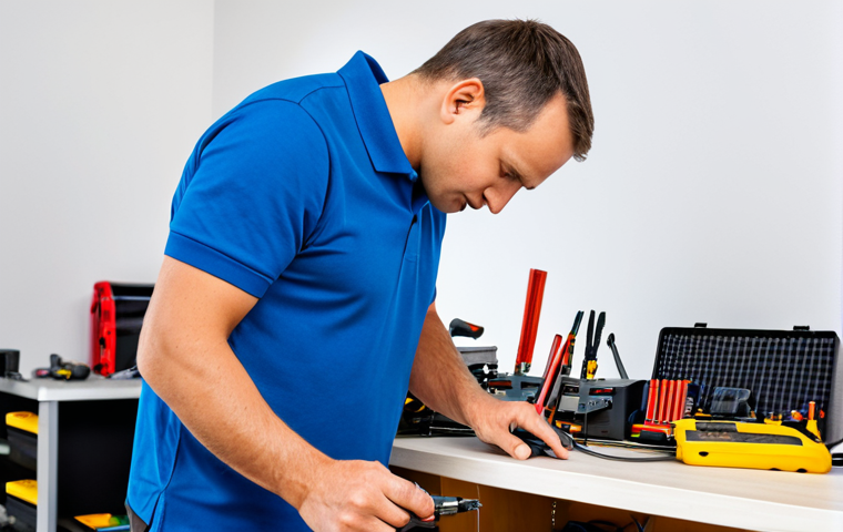 A focused RC enthusiast, fully clothed in a modest, professional polo shirt, meticulously connecting a balance lead to a modern smart charger. The scene is a well-lit, organized workbench in a dedicated hobby room, with various RC tools and safely stored LiPo batteries visible in the background. Professional photography, high detail, perfect anatomy, correct proportions, natural pose, well-formed hands, proper finger count, safe for work, appropriate content, fully clothed, modest, family-friendly.