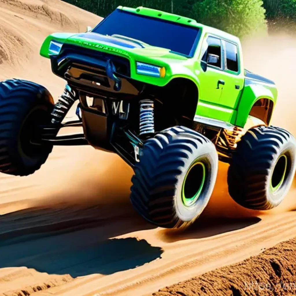 RC카 초보자용 가이드 - A high-octane RC monster truck, mid-air, having just launched off a substantial dirt ramp in a wide-...