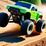 RC카 초보자용 가이드 - A high-octane RC monster truck, mid-air, having just launched off a substantial dirt ramp in a wide-...
