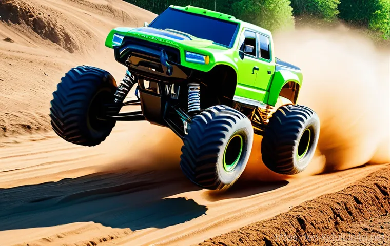 RC카 초보자용 가이드 - A high-octane RC monster truck, mid-air, having just launched off a substantial dirt ramp in a wide-...