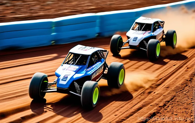 RC카 초보자용 가이드 - A high-octane RC monster truck, mid-air, having just launched off a substantial dirt ramp in a wide-...