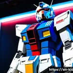 Home 17 건담 월드 투어 정보 - A detailed scene of the iconic RX-78-2 Gundam standing tall in a futuristic museum exhibit, illumina...