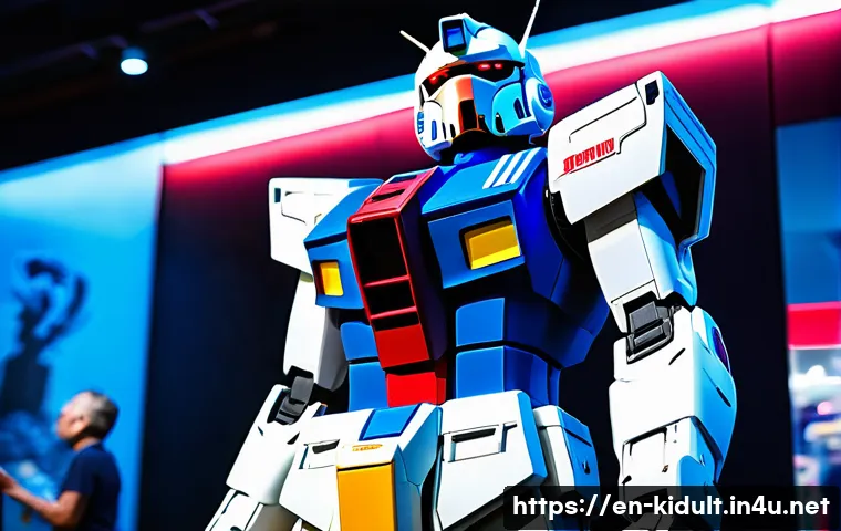 건담 월드 투어 정보 - A detailed scene of the iconic RX-78-2 Gundam standing tall in a futuristic museum exhibit, illumina...