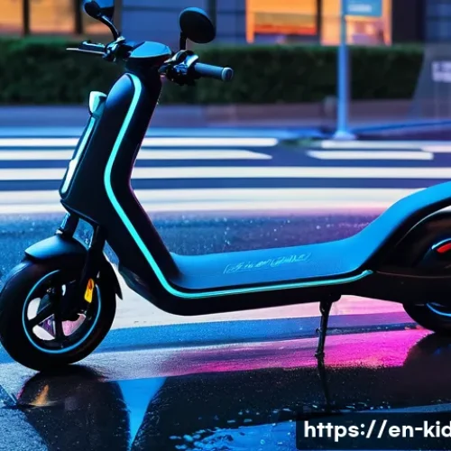 Home 28 전동 킥보드 커스텀 - A sleek electric scooter parked on a vibrant urban street at dusk, featuring a custom matte black pa...