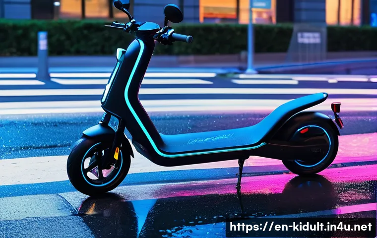 전동 킥보드 커스텀 - A sleek electric scooter parked on a vibrant urban street at dusk, featuring a custom matte black pa...