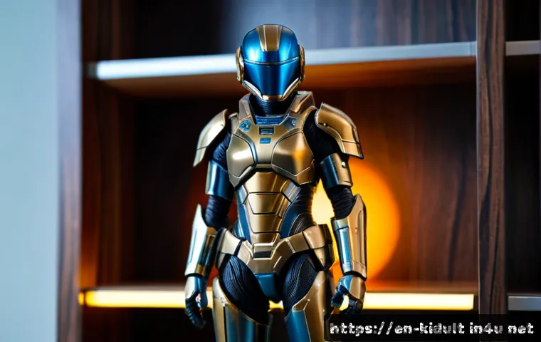 영화 캐릭터 피규어 - Photorealistic close-up of a detailed fictional sci-fi movie character action figure in a sleek armo...